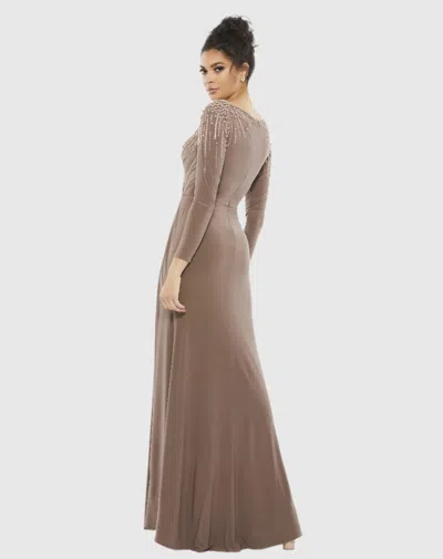 Mac Duggal Long Sleeve Faux Wrap Jersey Gown In Mocha