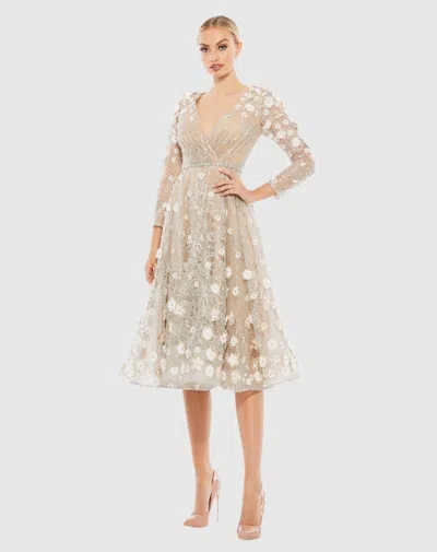 Mac Duggal Floral Embellished Lace A-line Cocktail Dress In Beige Blush