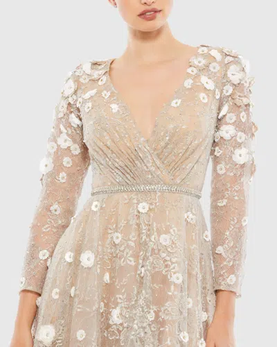 Mac Duggal Floral Embellished Lace A-line Cocktail Dress In Beige Blush