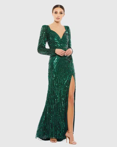 Mac Duggal Green Sequined Sweetheart Long Sleeve Gown In Forest Green