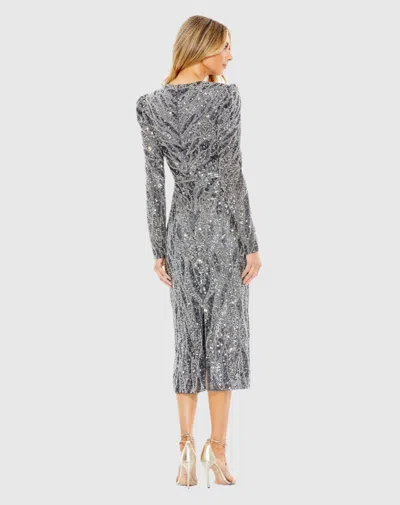 Mac Duggal Embellished Faux Wrap Puff Sleeve Midi Dress In Charcoal