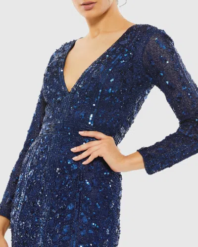 Mac Duggal Navy Embellished Front Slit Long Sleeve Gown In Midnight