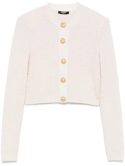 Balmain Buttoned-embellished Crewneck Cardigan In Beige
