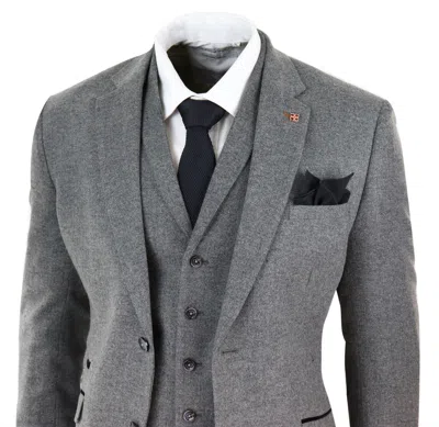 House Of Cavani Martez 3 Piece Wool Suit Herringbone Tweed Grey In Grey