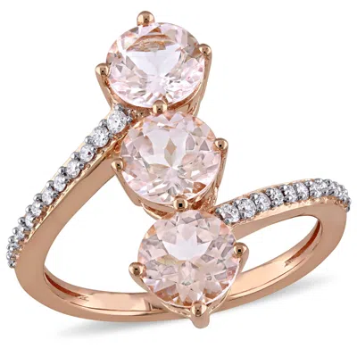 Mimi & Max Morganite And 1/7ct Tw Diamond 3-stone Bypass Ring 14k Rose Gold In Pink