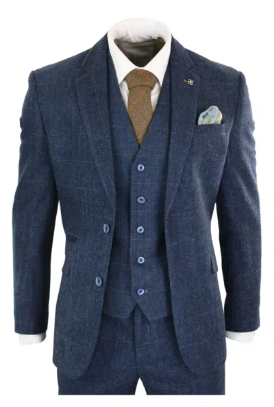 House Of Cavani Carnegi 3 Piece Navy Blue Suit Check Tweed In Blue