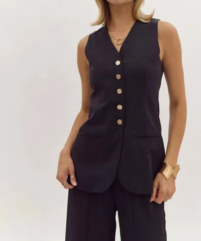 Entro Button Up V-neck Vest In Black In Black