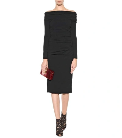 Shop Dolce & Gabbana Off-the-shoulder Ruched Virgin Wool-blend Dress In Black