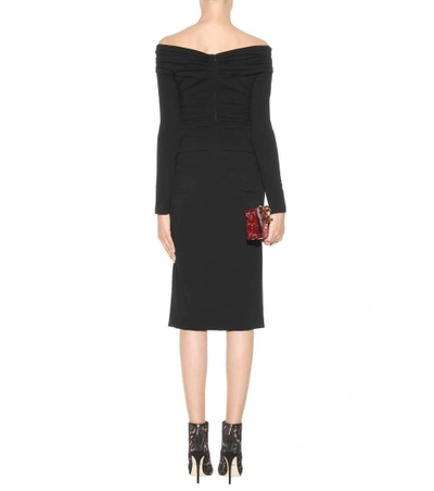 Shop Dolce & Gabbana Off-the-shoulder Ruched Virgin Wool-blend Dress In Black