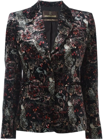 Roberto Cavalli Morris-print Velvet Blazer In Nero/lampone|beige