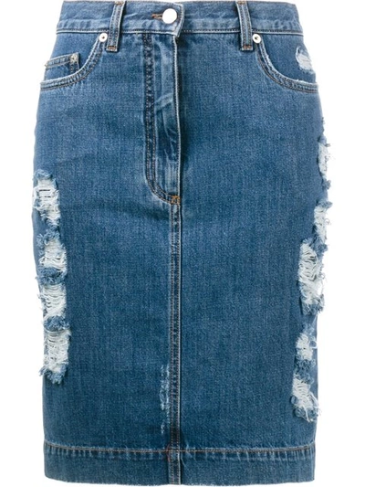 Moschino Woman Distressed Denim Skirt Blue | ModeSens