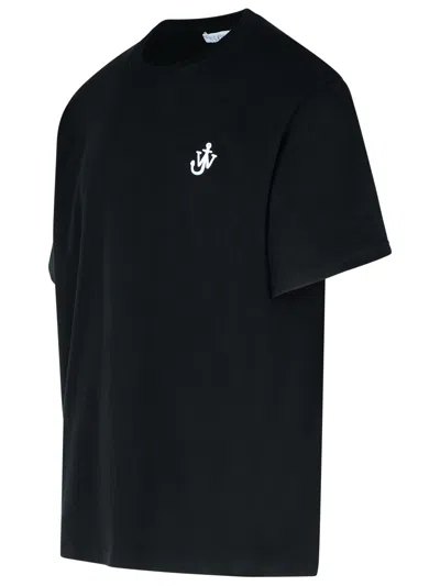 Jw Anderson Black Crewneck T-shirt With Anchor Embroidery On The Front In Cotton Man In Black