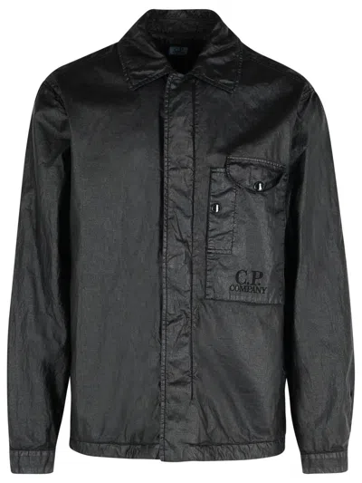 C.p. Company Linen Shirt With Chest Pocket And Collar In Black