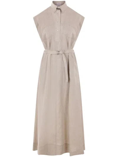 Brunello Cucinelli Linen Chemisier Short Sleeves Long Dress In Beige In Beige