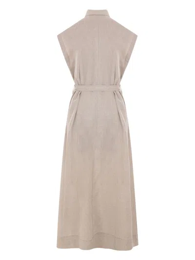 Brunello Cucinelli Linen Chemisier Short Sleeves Long Dress In Beige In Beige