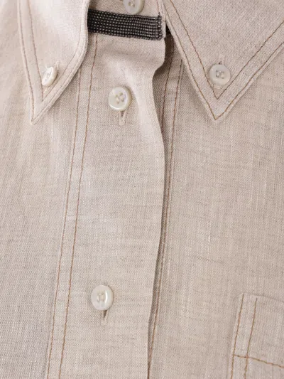Brunello Cucinelli Linen Chemisier Short Sleeves Long Dress In Beige In Beige