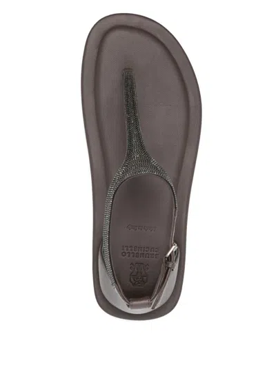 Brunello Cucinelli Brown Sandals With Adjustable Buckle Closure And Monil Detail In Marrone Scuro