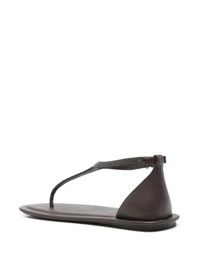 Brunello Cucinelli Brown Sandals With Adjustable Buckle Closure And Monil Detail In Marrone Scuro