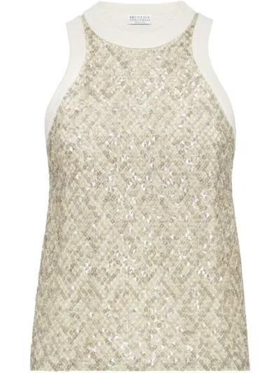 Brunello Cucinelli Stretch Cotton Jersey Top With Dazzling Net Embroidery In Gray