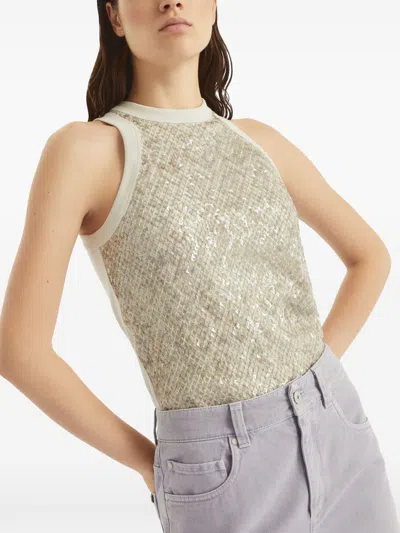 Brunello Cucinelli Stretch Cotton Jersey Top With Dazzling Net Embroidery In Gray