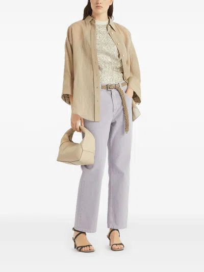 Brunello Cucinelli Stretch Cotton Jersey Top With Dazzling Net Embroidery In Gray