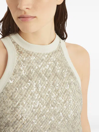 Brunello Cucinelli Stretch Cotton Jersey Top With Dazzling Net Embroidery In Gray