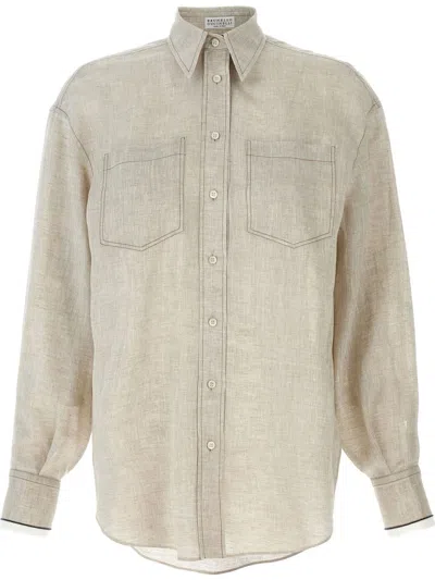 Brunello Cucinelli Beige Shirt With Chest Pockets And Monile Decorations In Linen Woman In Neutral