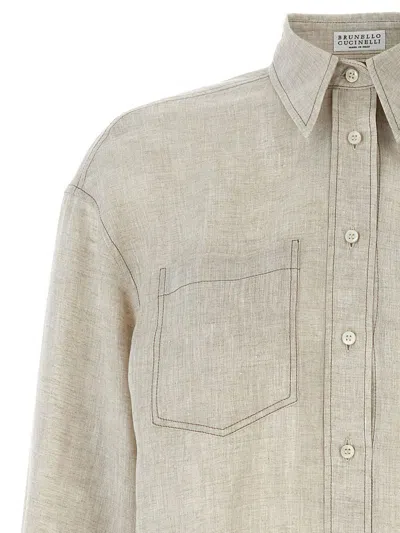 Brunello Cucinelli Beige Shirt With Chest Pockets And Monile Decorations In Linen Woman In Neutral