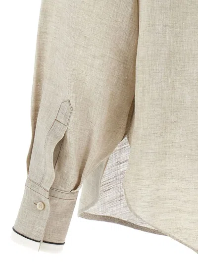Brunello Cucinelli Beige Shirt With Chest Pockets And Monile Decorations In Linen Woman In Neutral