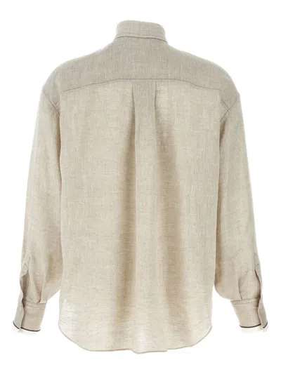 Brunello Cucinelli Beige Shirt With Chest Pockets And Monile Decorations In Linen Woman In Neutral