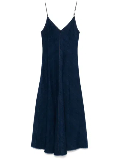 Forte Forte Cotton Denim Midi Dress With Frayed Edge In Blue