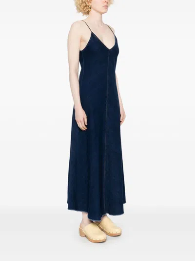 Forte Forte Cotton Denim Midi Dress With Frayed Edge In Blue