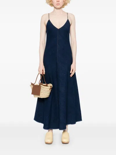Forte Forte Cotton Denim Midi Dress With Frayed Edge In Blue