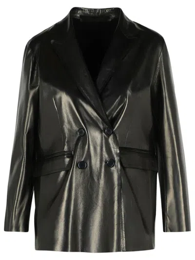 Salvatore Santoro Double Breasted Leather Blazer In Black