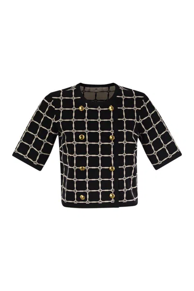 Elisabetta Franchi T-shirt With Geometric Pattern And Gold Buttons In Black/butter