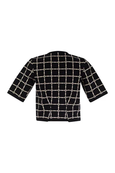 Elisabetta Franchi T-shirt With Geometric Pattern And Gold Buttons In Black/butter