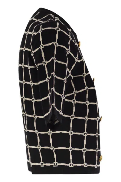 Elisabetta Franchi T-shirt With Geometric Pattern And Gold Buttons In Black/butter