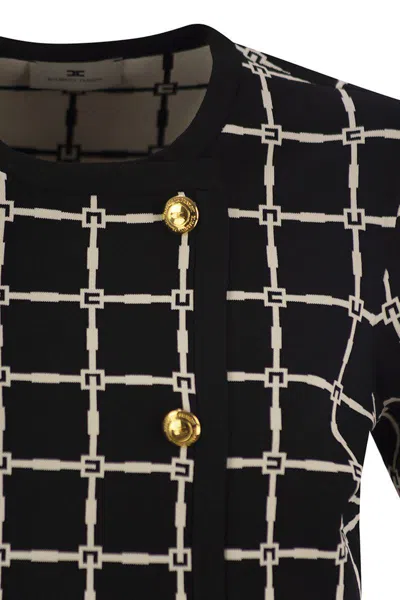 Elisabetta Franchi T-shirt With Geometric Pattern And Gold Buttons In Black/butter