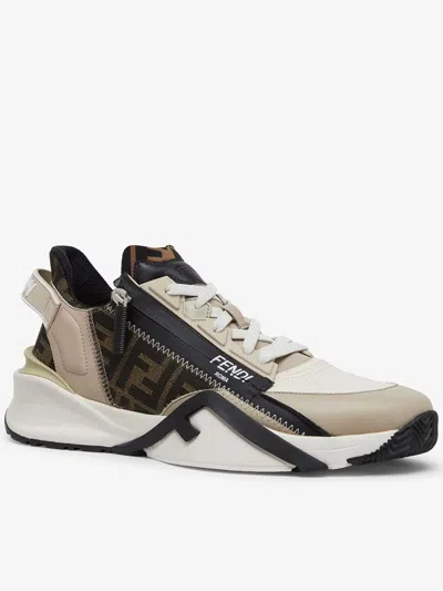 Fendi Beige Leather Sneakers With Ff Motif In Multi