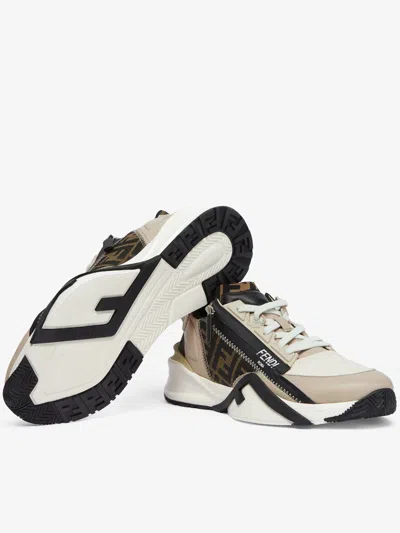 Fendi Beige Leather Sneakers With Ff Motif In Multi