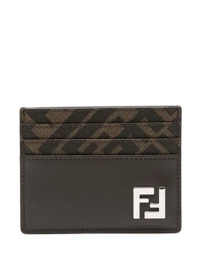 Fendi Brown Card-holder With Squared Ff Motif In Leather And Ff Canvas Man In Multicolor