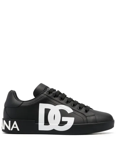 Dolce & Gabbana Portofino Sneakers In Black Calf Leather With White Logo