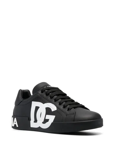 Dolce & Gabbana Portofino Sneakers In Black Calf Leather With White Logo