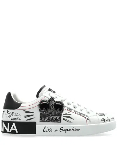 Dolce & Gabbana White Low Top Sneakers With Logo Patch On The Tongue And All-over Print In Leather Man