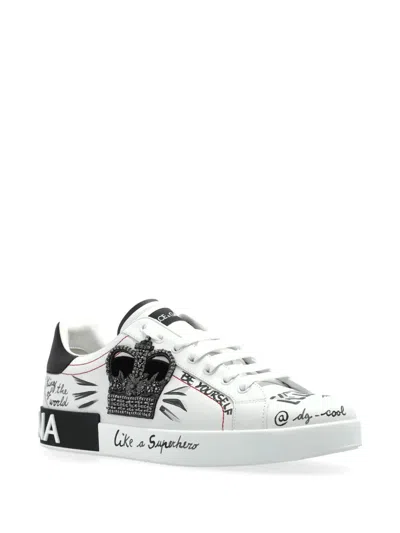 Dolce & Gabbana White Low Top Sneakers With Logo Patch On The Tongue And All-over Print In Leather Man