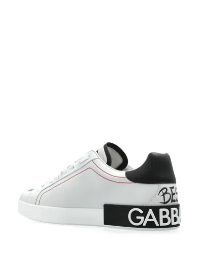 Dolce & Gabbana White Low Top Sneakers With Logo Patch On The Tongue And All-over Print In Leather Man