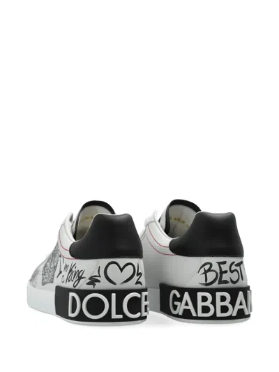 Dolce & Gabbana White Low Top Sneakers With Logo Patch On The Tongue And All-over Print In Leather Man