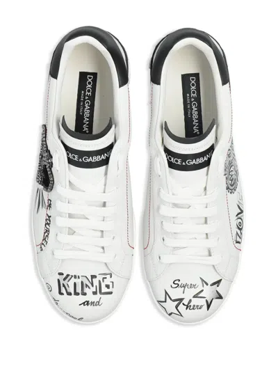 Dolce & Gabbana White Low Top Sneakers With Logo Patch On The Tongue And All-over Print In Leather Man