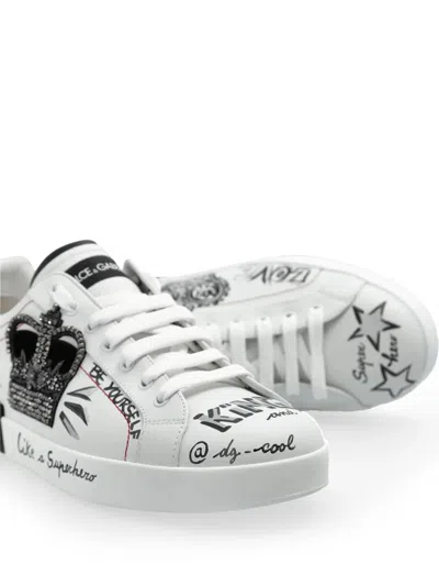 Dolce & Gabbana White Low Top Sneakers With Logo Patch On The Tongue And All-over Print In Leather Man