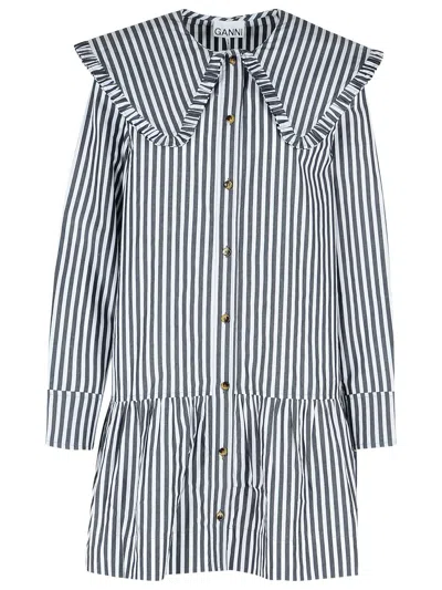 Ganni Womens Black Wide-collar Stripe Organic-cotton Mini Shirt Dress